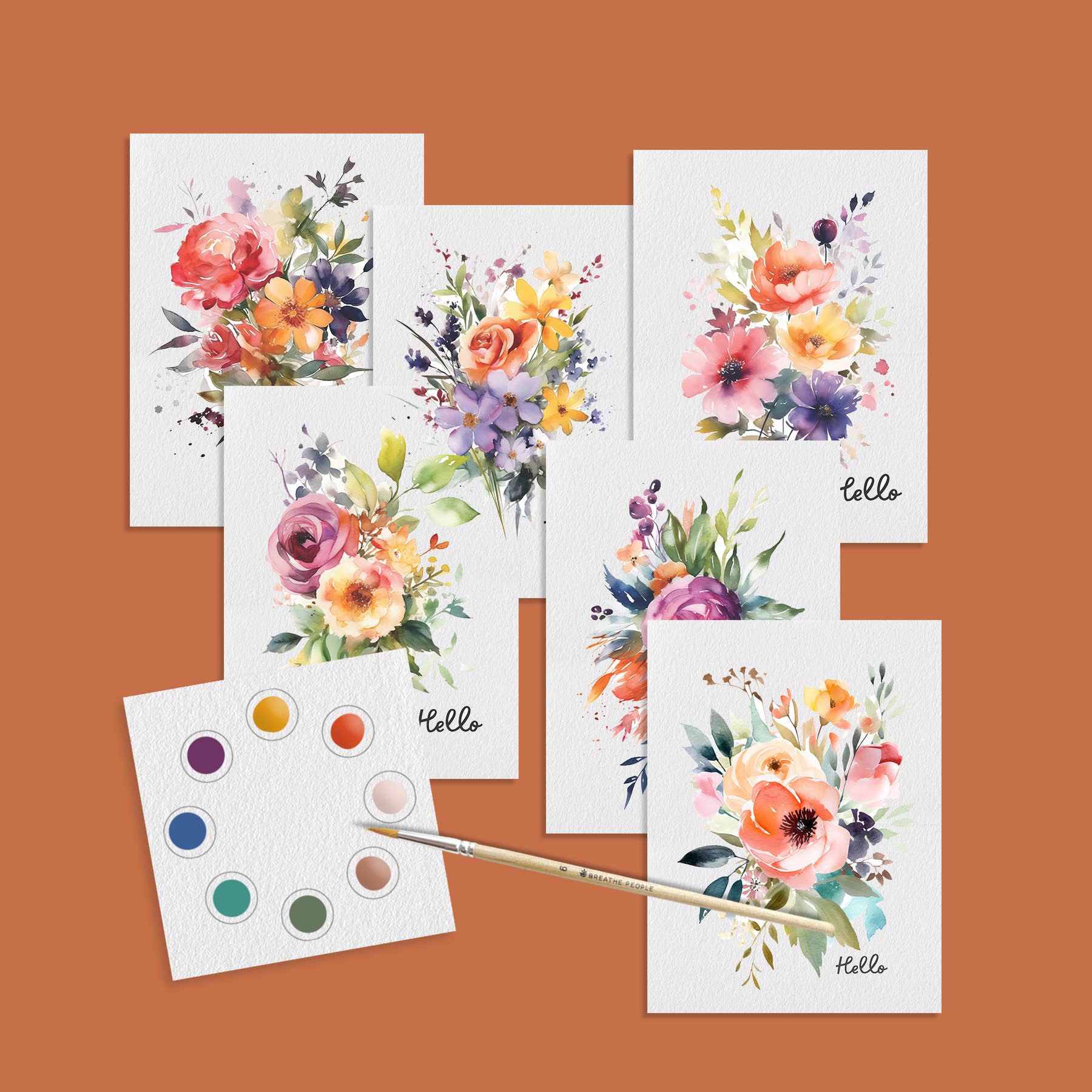 Set of floral design cards with watercolor flowers and color swatches
