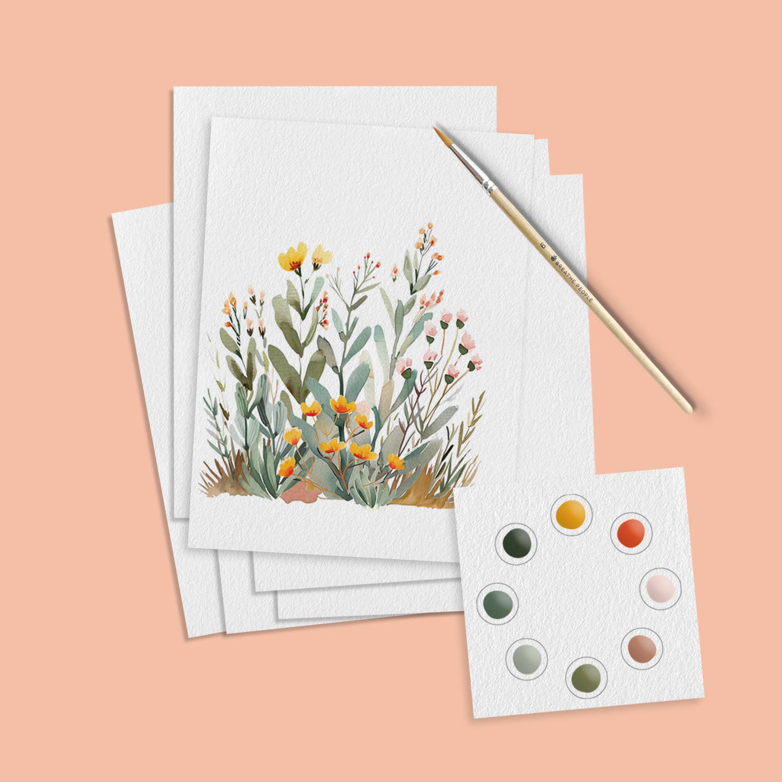 Set of greeting cards with floral designs on a peach background