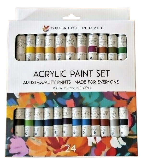 Acrylic paint set packaging with 'Breathe People' branding
