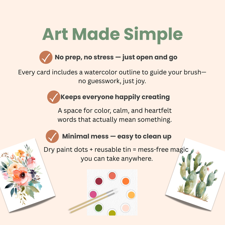 Promotional graphic for 'Art Made Simple' product with watercolor cards