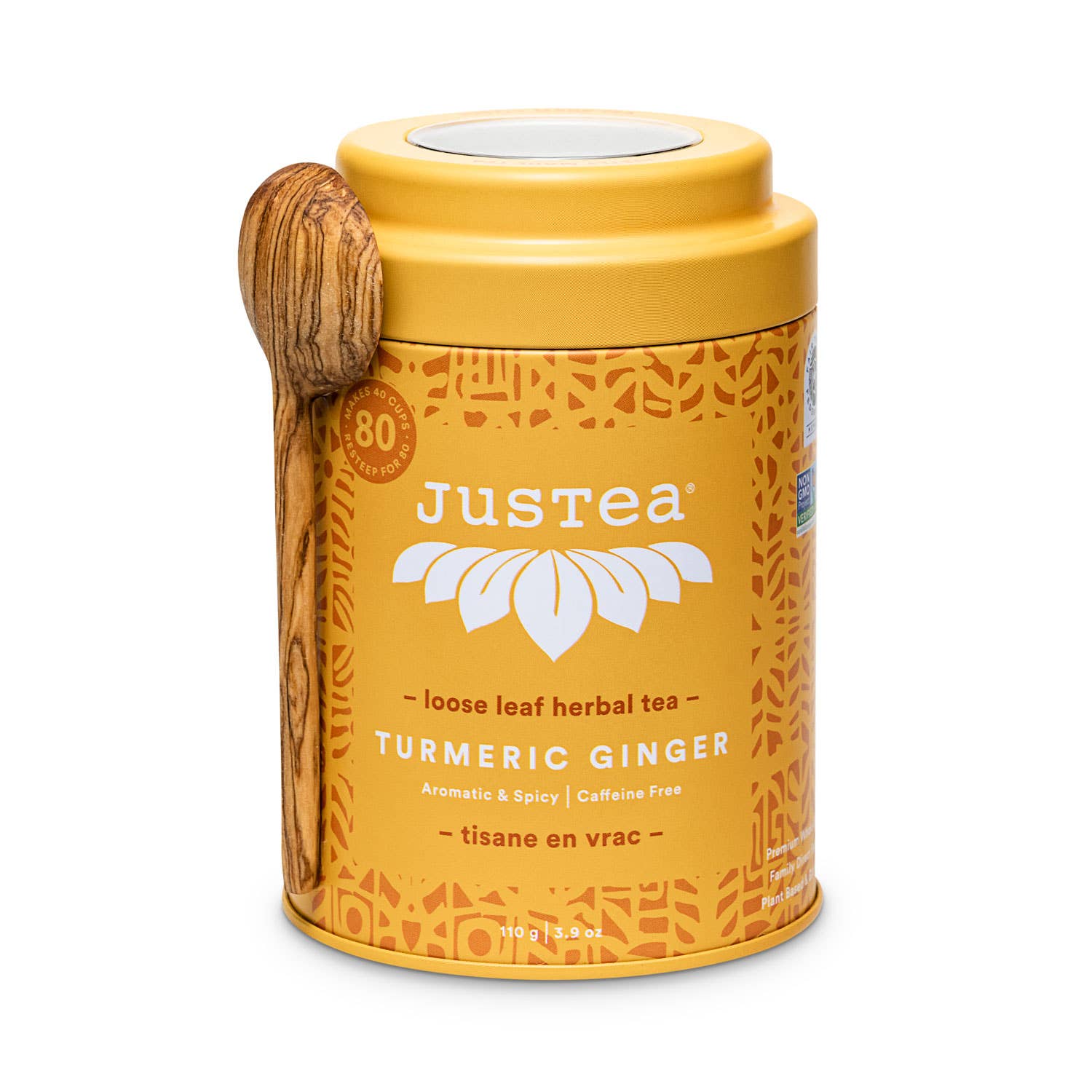 JusTea (No Import Fees to USA) - Turmeric Ginger Tin & Spoon - Organic, Fair-Trade Herbal Tea