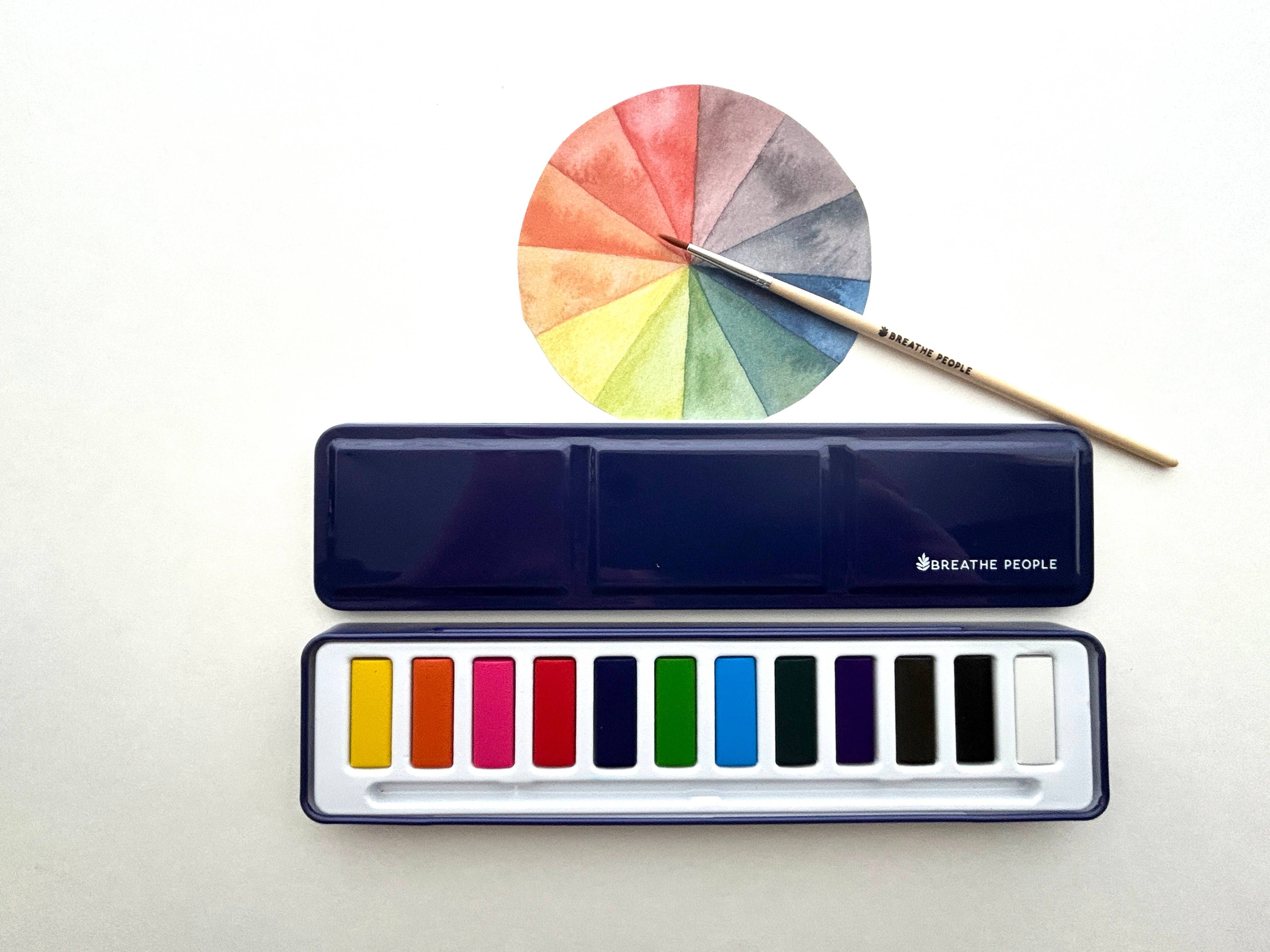 Watercolor paint set with a color wheel and brush