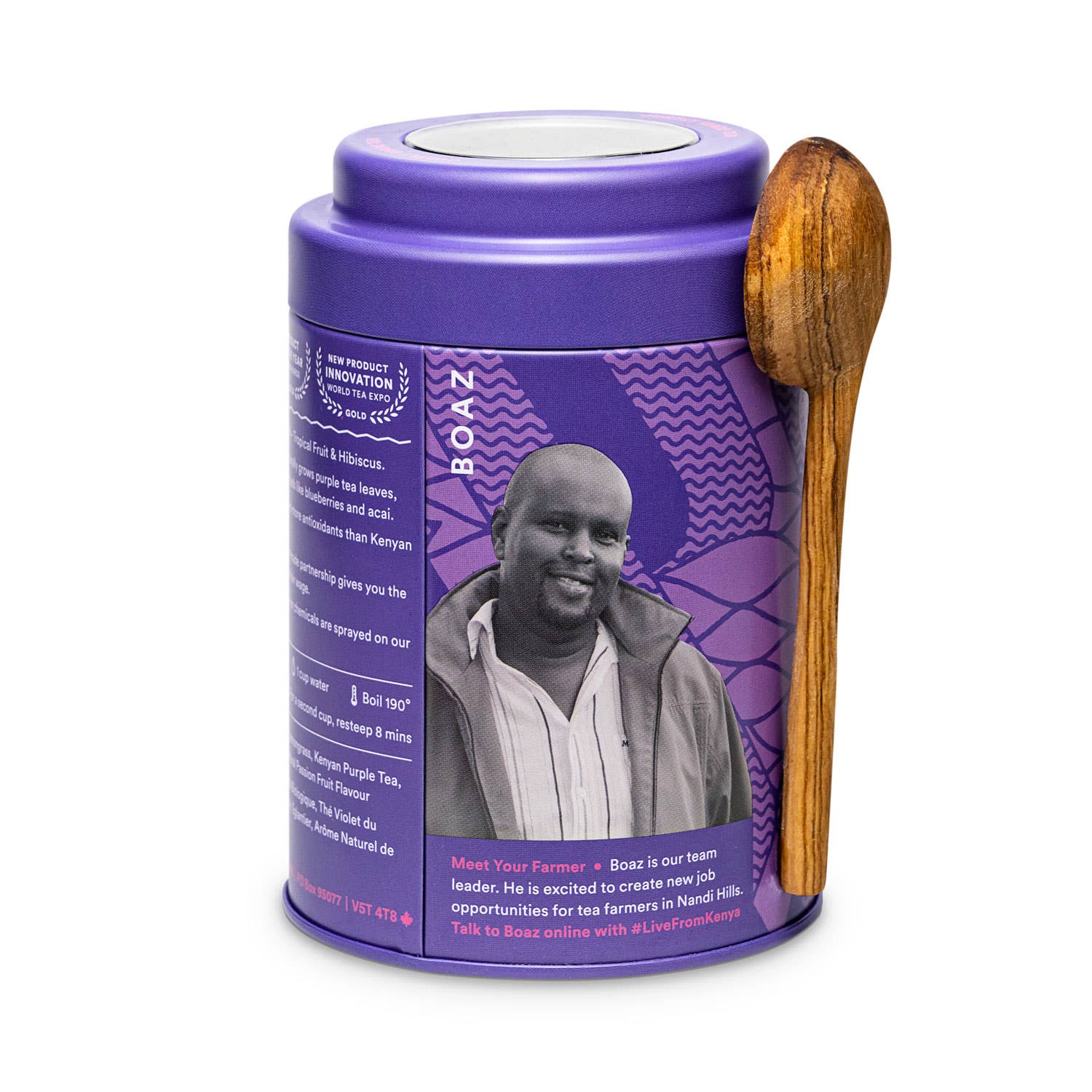 JusTea (No Import Fees to USA) - Purple Rain Tin with Spoon - Organic, Fair-Trade, Purple Tea