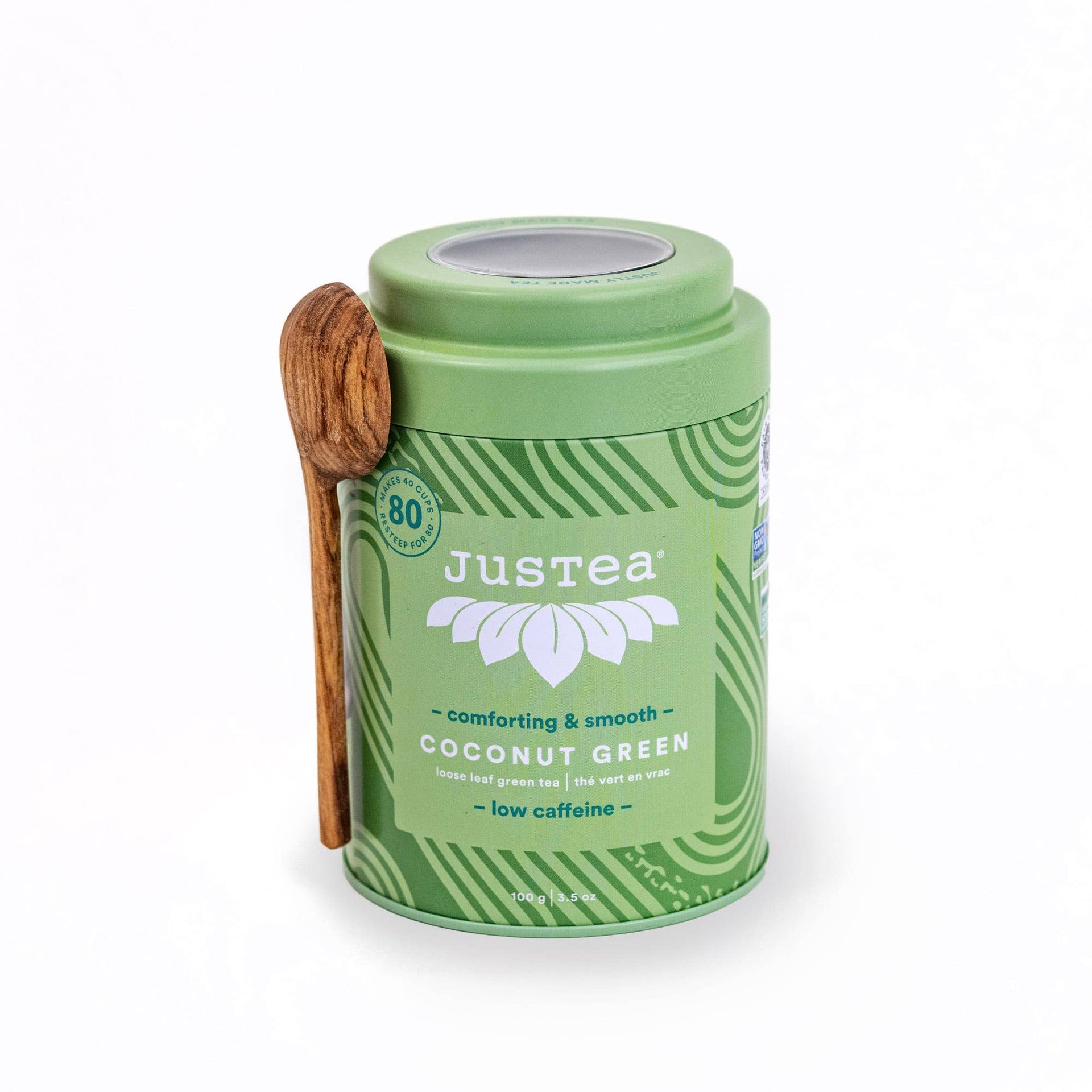 JusTea (No Import Fees to USA) - Coconut Green Tin & Spoon - Organic, Fair-Trade, Green Tea