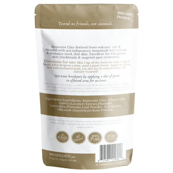 Mudology clay packaging with text and branding