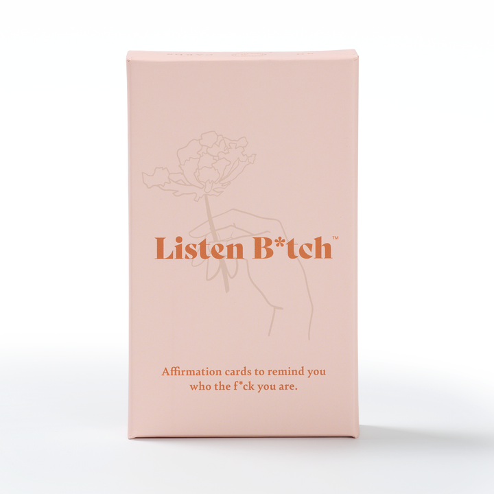 Pink box with 'Listen B*tch' text and rose design