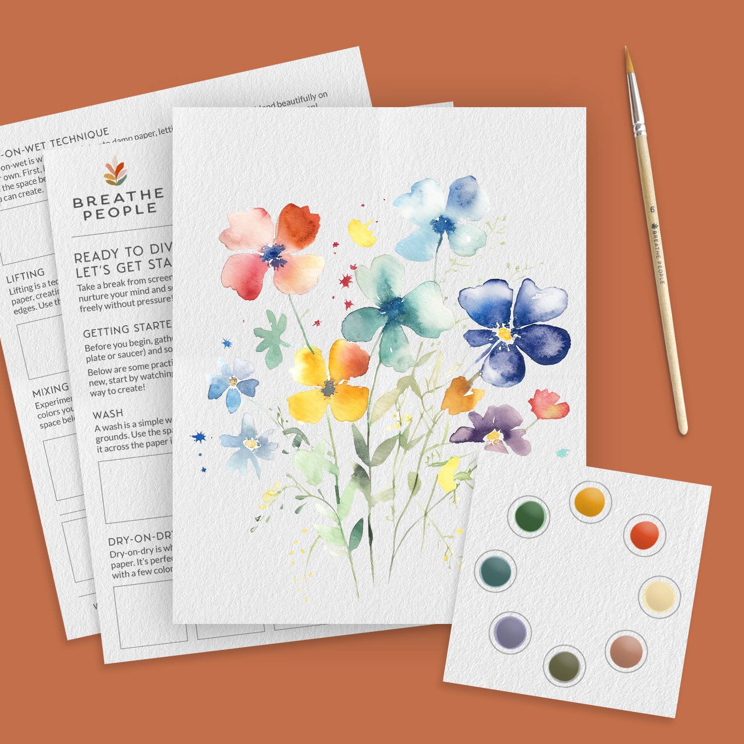 Floral painting kit with watercolor paper, paint swatches