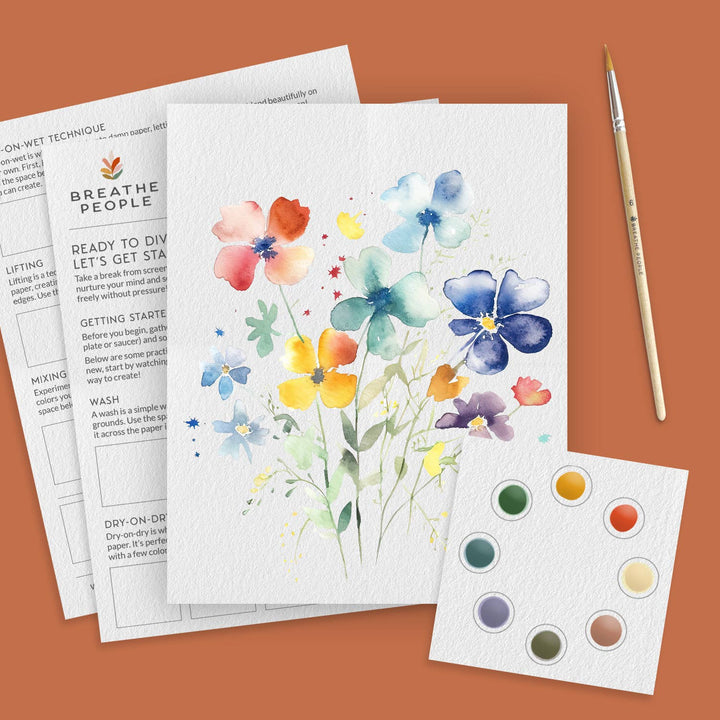 Floral painting kit with watercolor paper, paint swatches