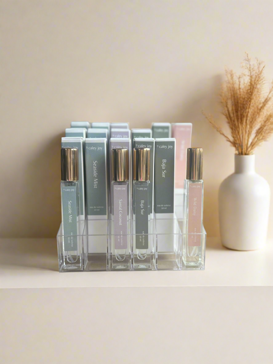 Set of perfume bottles on a shelf
