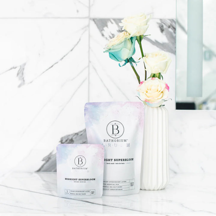 Bathorium product packaging with a vase of flowers on a marble surface